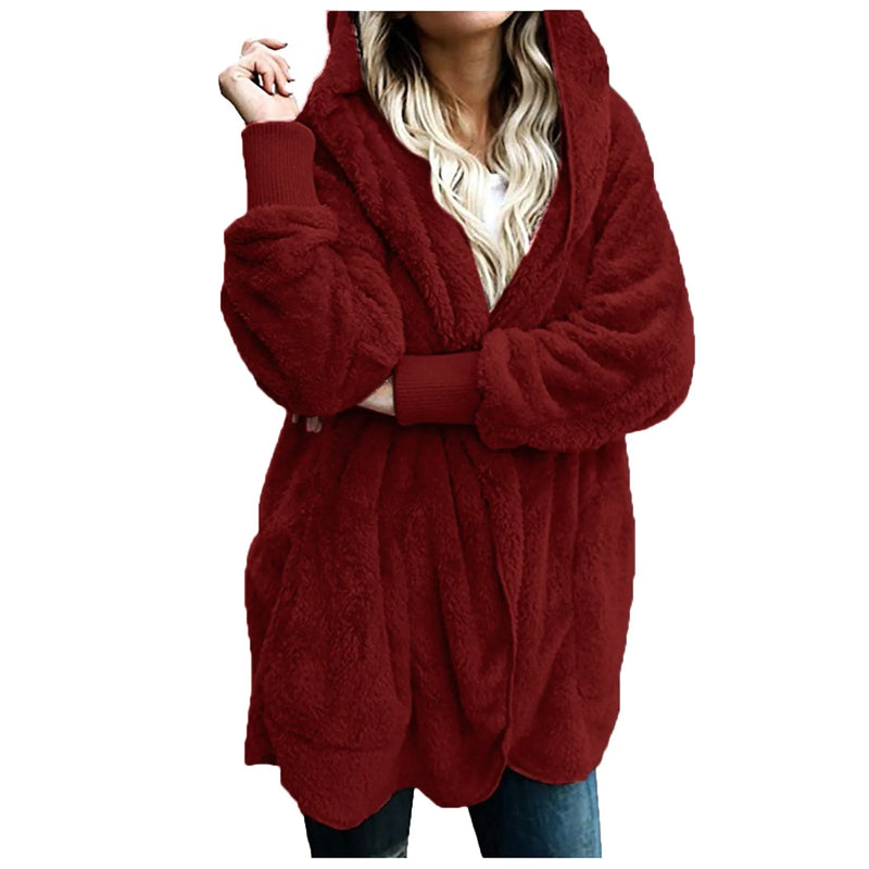 New Women Winter Warm Coat Jacket Elegant Casual Daily Outwear Ladies Commuting Cardigan Coat Double Sided Velvet Hooded Coat