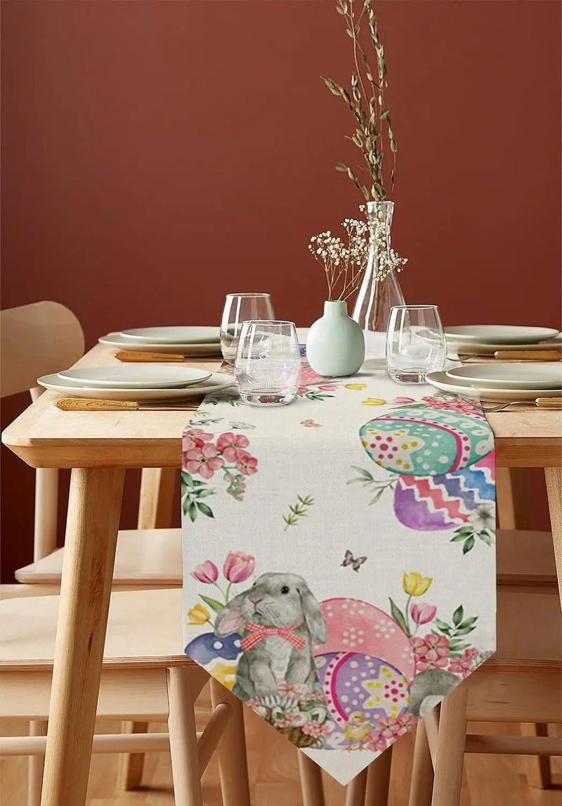Bunny Eggs Flower Tulip Easter Linen Table Runners Dresser Scarf Table Decor Washable Kitchen Dining Coffee Table Runners Decor