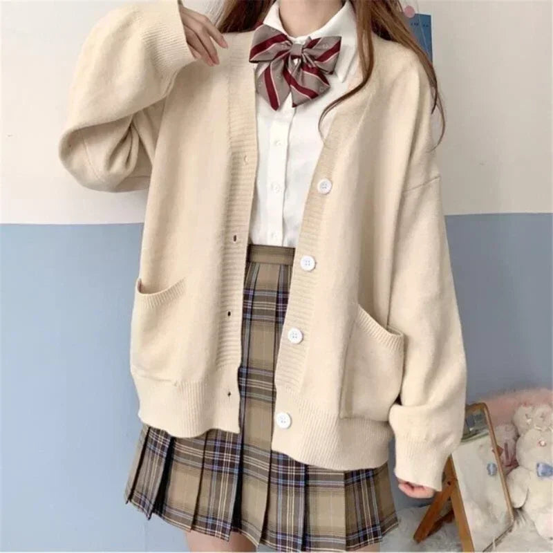 College Sweater Outerwear Cardigan JK Uniform Autumn Winter Japanese Solid V-neck Button Pocket Loose Thin Long Sleeved Knit Top