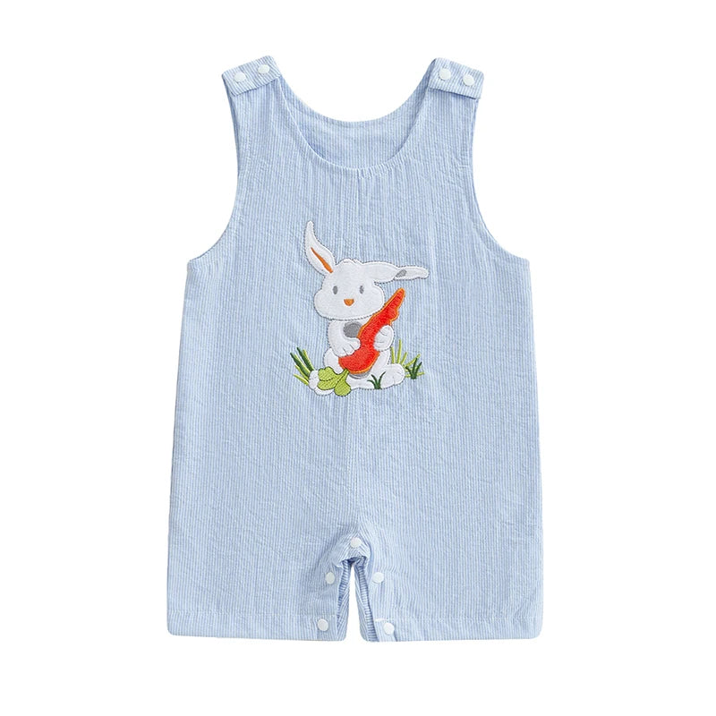 Easter Bunny Romper with Carrot Embroidery and Striped Truck Design Sleeveless Crew Neck Jumpsuit for Infant Spring Outfit