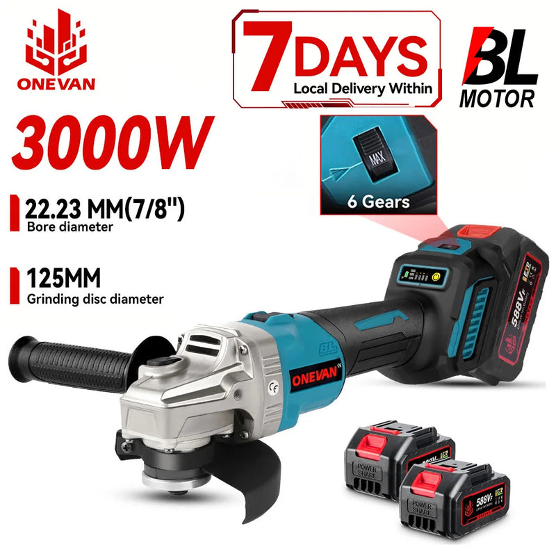 ONEVAN 5 Inch 125mm Brushless Electric Angle Grinder 6 Speed Cordless Polisher Multifunction Power Tools For Makita Battery Pin