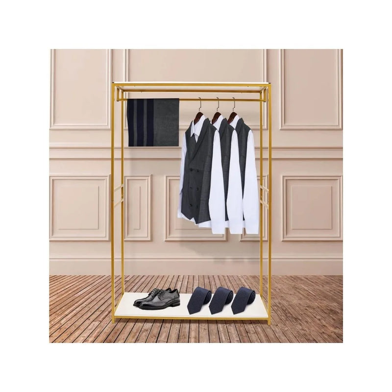 Retail Gold Clothing Racks for Boutique with Wood Shelf Heavy Duty Commercial Garment Clothes Rack Standing Hanging Rack