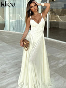 kliou Elegant Women Maxi Dress Solid Mesh Stacked Draped Suspendency Metal Connect Sheath Frock Mujer Trend Concise Banquet Robe