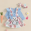 Adorable Baby Girl Easter Outfits with Bunny Embroidery Long Sleeve Romper Suspender Skirt and Headband - 3 Piece Set for