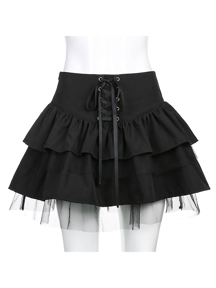 Sweetown Black Punk Goth Pleated Skirts Womens Cross Lace-Up Korean Fashion Streetwear Dark Academia High Waist Mini Skirt