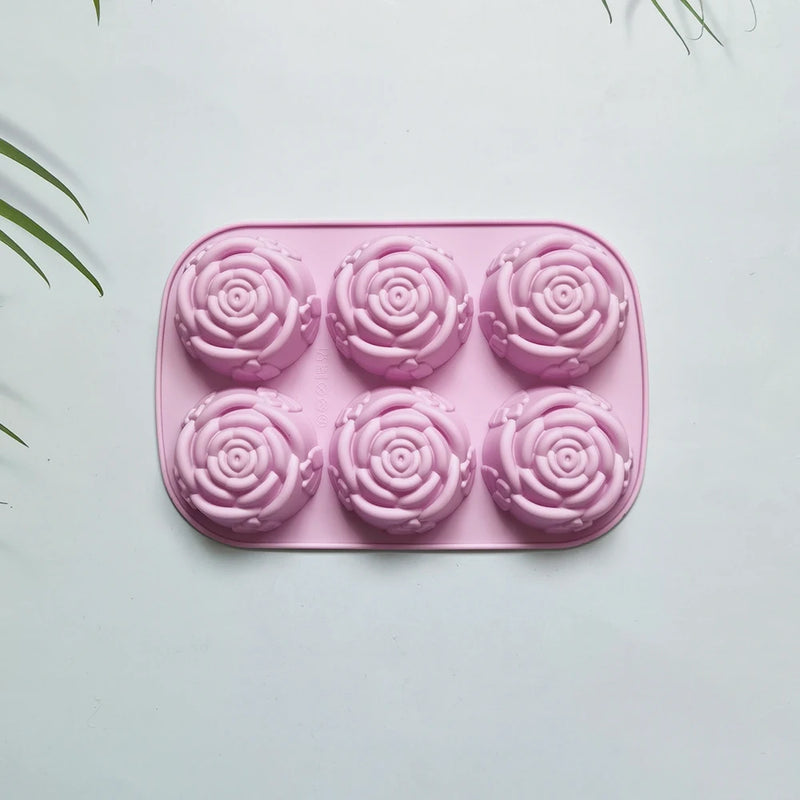 6 Holes Flower Rose Handmade Soap Candle Mold Silicone Cake Mold Bakeware Baking Dish Pan Muffin Mould Rose Ice Cube