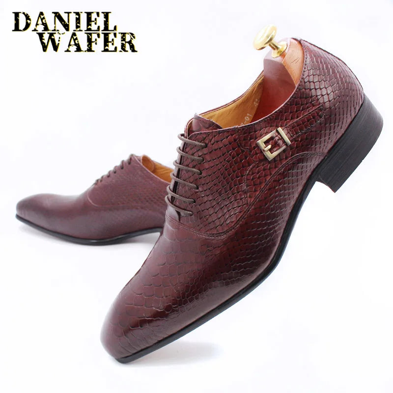 Luxury Men Leather Shoes Snake Skin Print Business Dress Formal Classic Style Burgundy Blue Pointed Toe Lace Up Oxford Shoes Men
