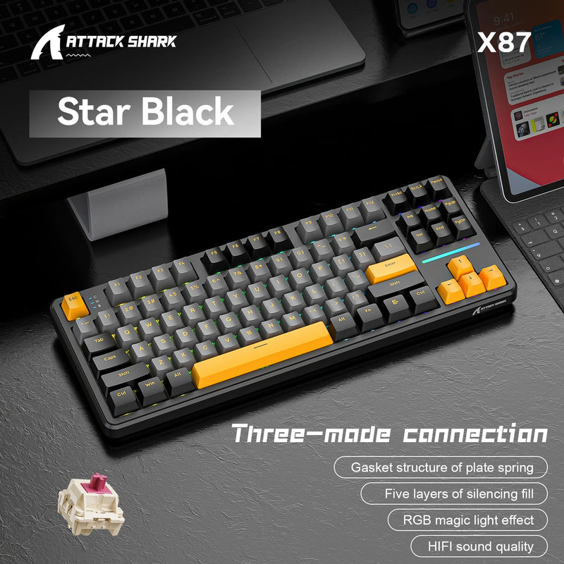 Gaming Keyboard X87 Attack Shark Side Engraved Translucent Character Wireless Mechanical Keyboard,RGB,Hot-Swap,Bluetooth Tri-mod