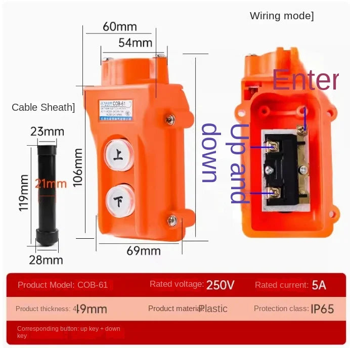 Hoist Crane Pendant Pushbutton Switch Up-Down Heavy Duty Rain Proof Button 4 COB-61 COB-62 COB61 COB62