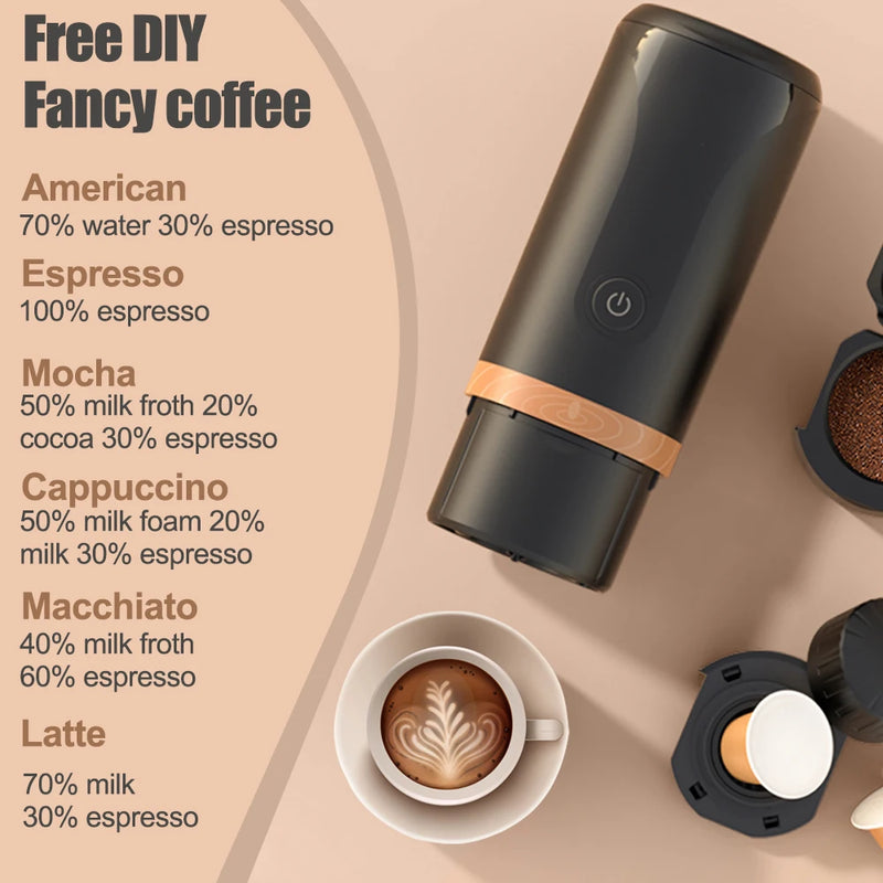 Portable Espresso Machine 9 Bar Pressure Rechargeable 2 in 1 Small Travel Coffee Maker Compatible with Nespresso Capsules Ground