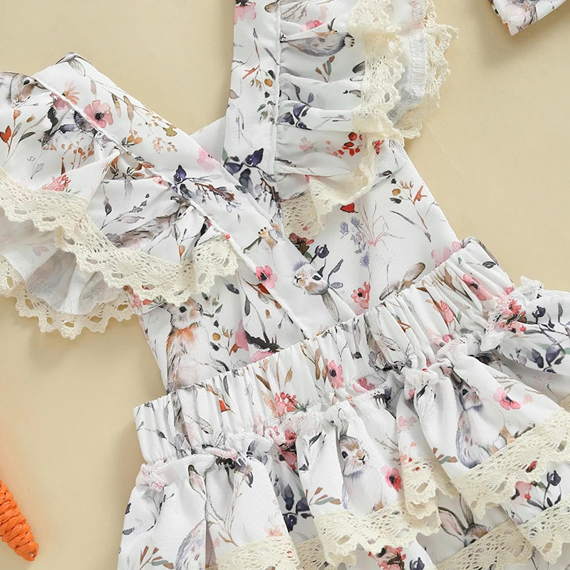 Toddler Girls Floral Bunny Print Lace Trim Flutter Sleeve Romper with Bow Headband Easter Outfit Set 2 Pieces