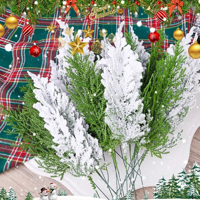 Artificial Snowflake Pine Branches Christmas Fake Green Plants Pine Leaves DIY Garland Xmas Tree Ornaments New Year Party Decor