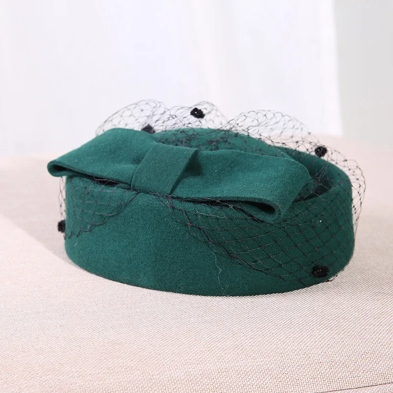 100% Wool Fashion Cashmere Top Bow Hat with Veil Photography Cocktail Tea Party Decoration Autumn Winter Hat