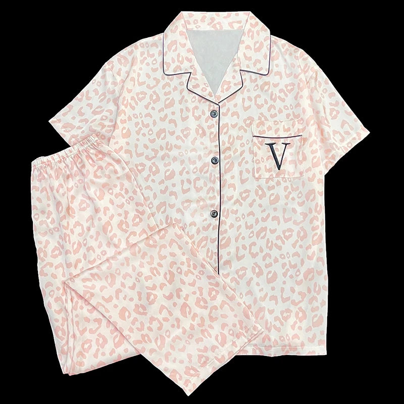 Pink Leopard Three-piece Set Pajamas for Women Y2k 2024 New Classy Spring Female Sleepwear Short Sleeve Fashion Casual Homewear