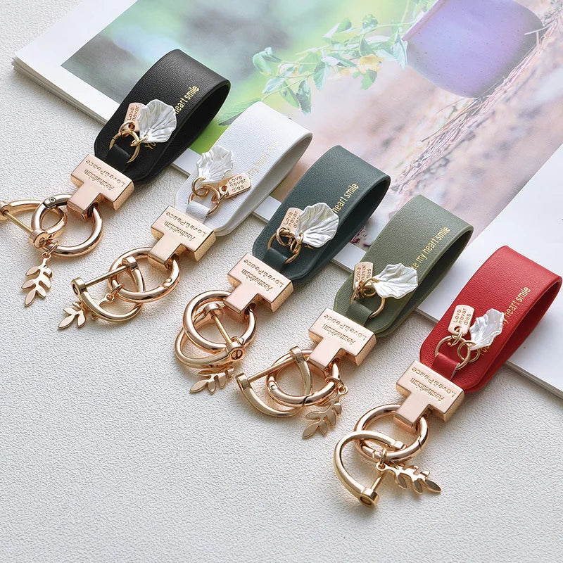 New Creative Leaf Shell Pendant Keychain PU Leather Key Ring Women Men Car Key Phone Charm Holder Business Party Gift Trinket