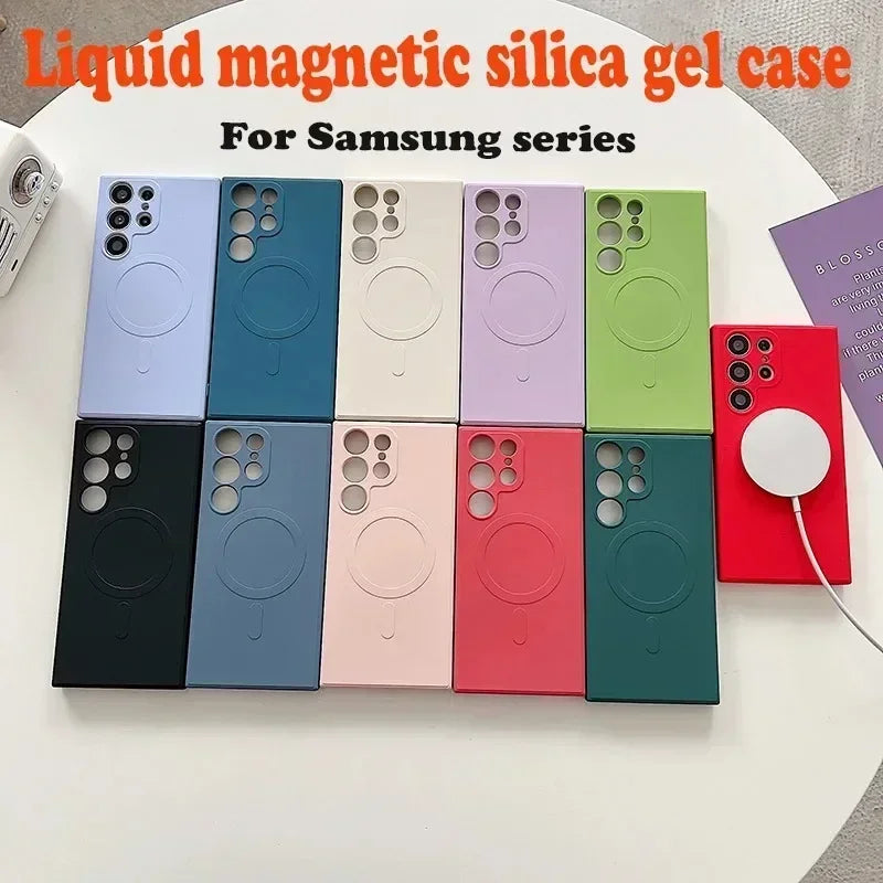 Magnetic With Lens Protective Liquid Silicone Case for Samsung S23 FE S22 S24 Ultra Plus For Magsafe Wireless Charge  Cover