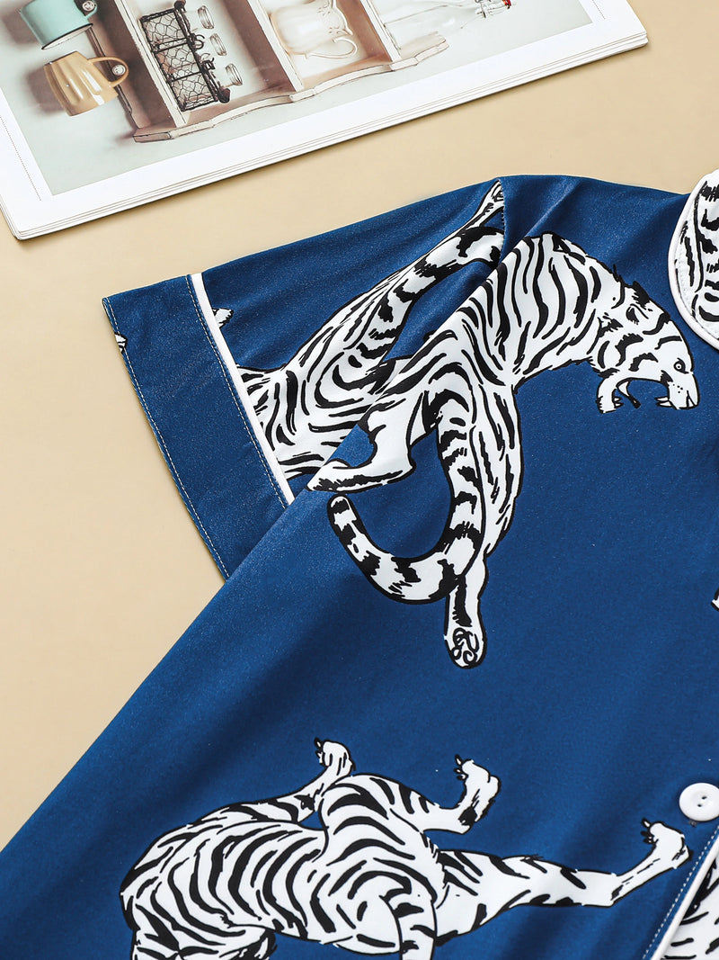 Tiger print pajama set button-down cardigan lapel short elastic waistband shorts women's loungewear