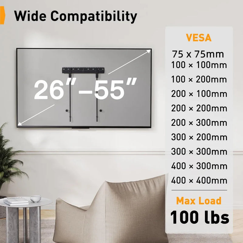 TV Wall Mount for 26-55 Inch TV up to 50kg, No Drill Low Profile TV Mount, Easy Install Wall Mount TV Bracket, Max VESA 400x400m