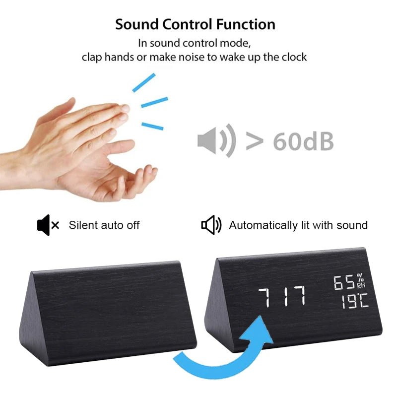 Voice Control Wooden Alarm Clock Smart LED Digital Clock for Bedside Table Decor Electronic Desk Clock with Temperature Humidity