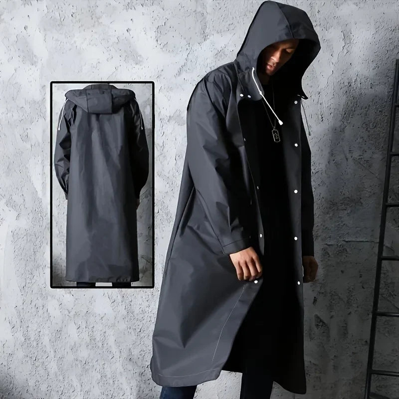 Black Fashion Adult Waterproof Long Raincoat Women's Men's Raincoat Hooded Outdoor Motorcycle, Cycling, Hiking, Fishing