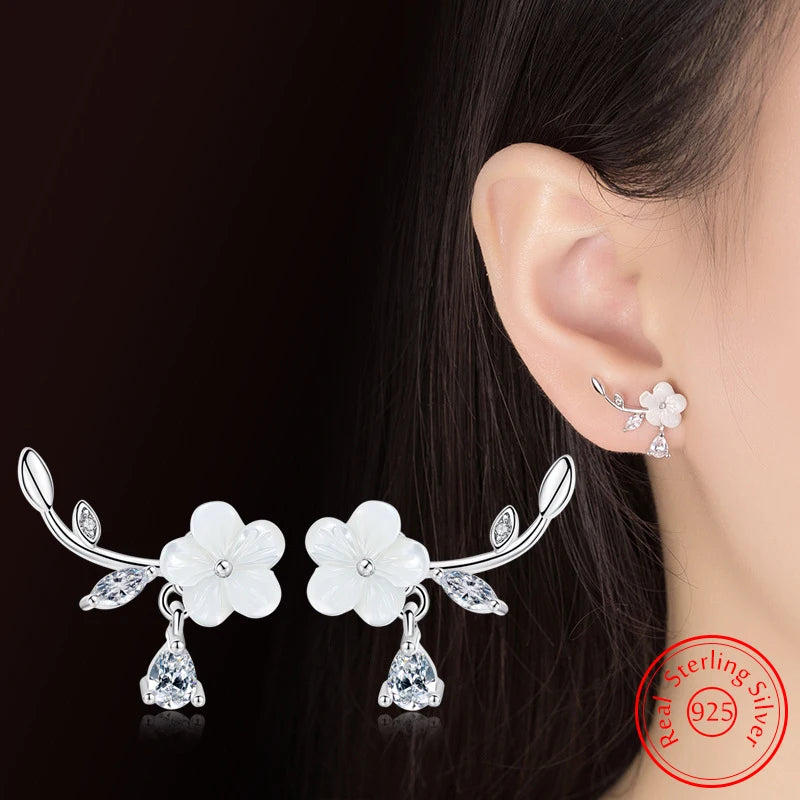 Pure 925 Sterling Silver Lady's New Fashion Jewelry Crystal Leaf Shell Flower Stud Earrings XY0211