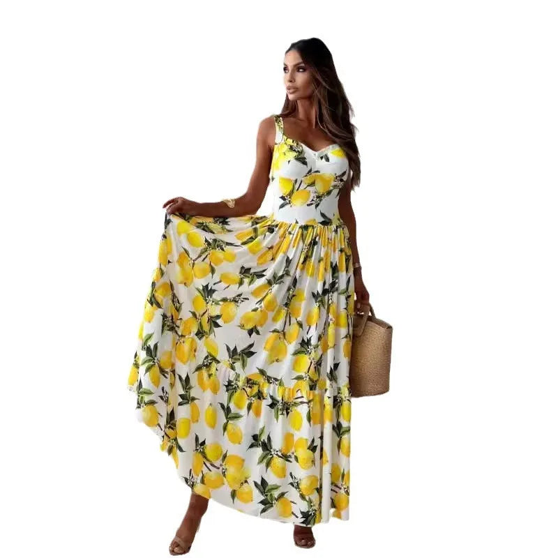 2024 Summer Maxi Dresses For Women Lemon Strap Fruit Print Strap Vacation Sress Robe Elegant Dresses For Women Robe Longue Femme