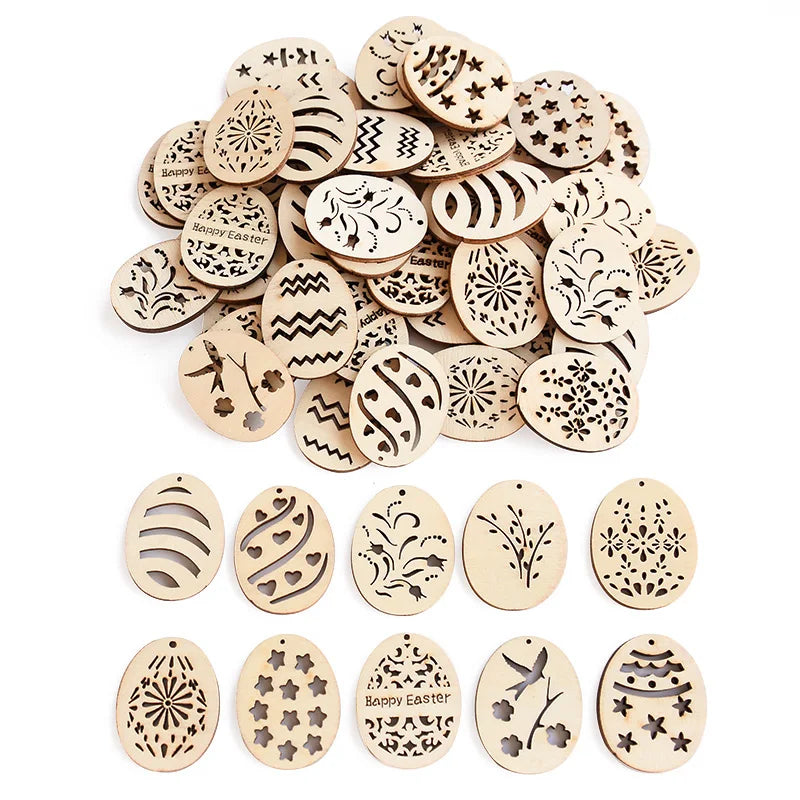 25/50Pcs Happy Easter Wooden Eggs DIY Craft Hanging Ornaments Hollowed Wood Chips Easter Party Decorations For Home Kids Gift