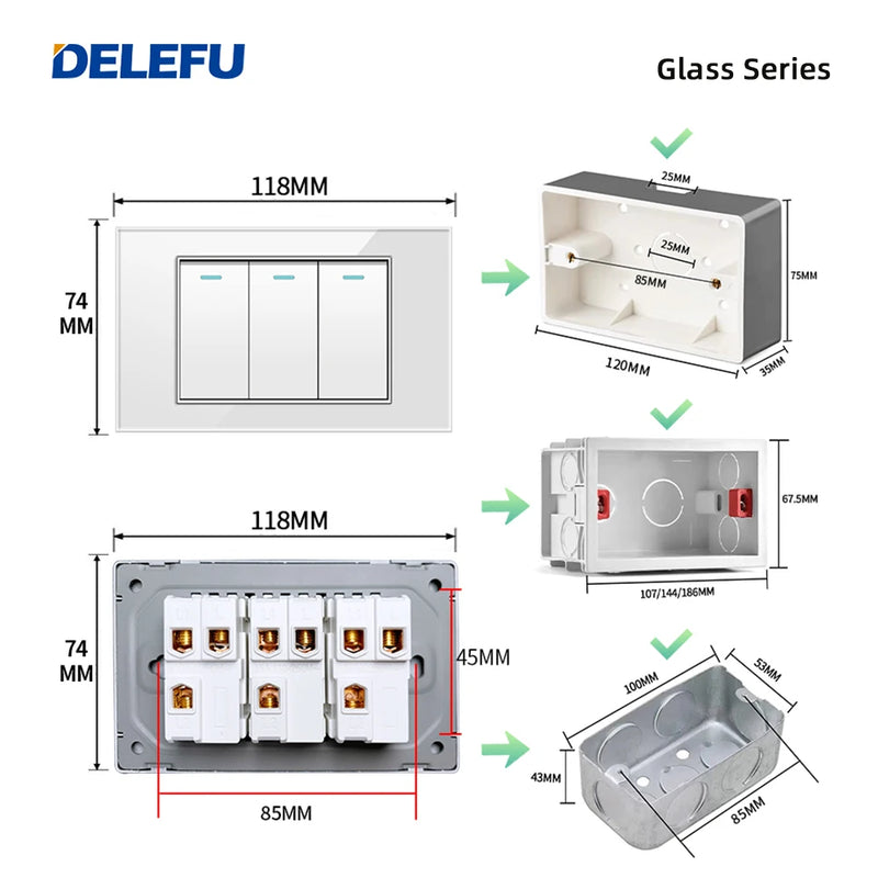 DELEFU White Tempered Glass Panel Tpye-c USB Brazil Standard Wall Socket Package, 3gang Wall Switch, More Discounts.
