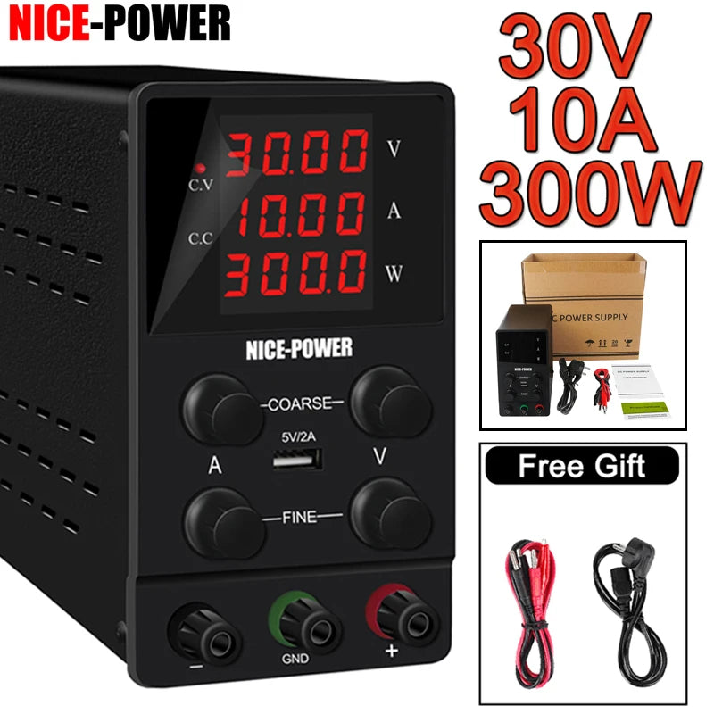 Nice-power 30V 10A Lab Adjustable DC Power Supply with 4-Digit LED Display; USB-A Fast Charge with Potentiometer; Bench source