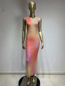 Women Sexy Mesh Rhinestone Crystal Diamonds Bodycon Dress Sparkly Stretched Gradient Tank Mid-Calf Party Dress Vestido