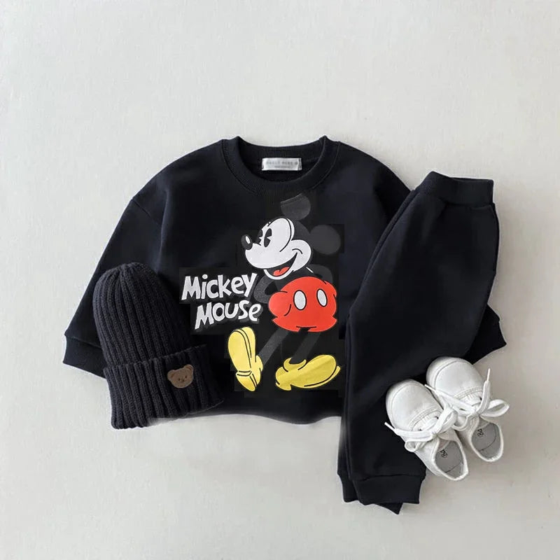 Mickey Printed Sweatshirts Baby Girl Two Piece Set Disney Casual Pure Color Long Sleeve Outfits For Child Spring Autumn Clothing
