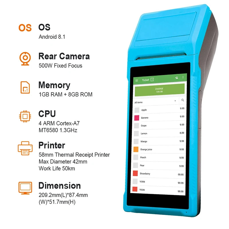 Handheld Android 8.1 PDA POS Printer 58mm Mobile Receipt Bill Thermal Printer 5.5 HD Support WiFi 1D/2D Scanning POS System