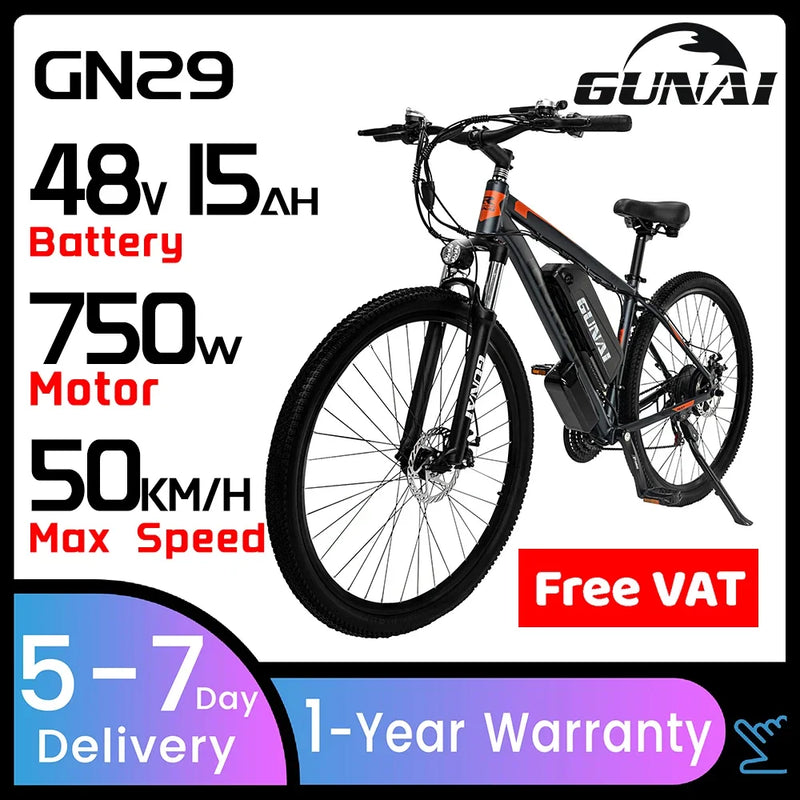 GUNAI Electric Bicycle 750W Motor Cycling Bike 48V 15Ah 29Inch Bike Off-Road 21 Speed Gear Adult Mountain Electric Bike EU Stock