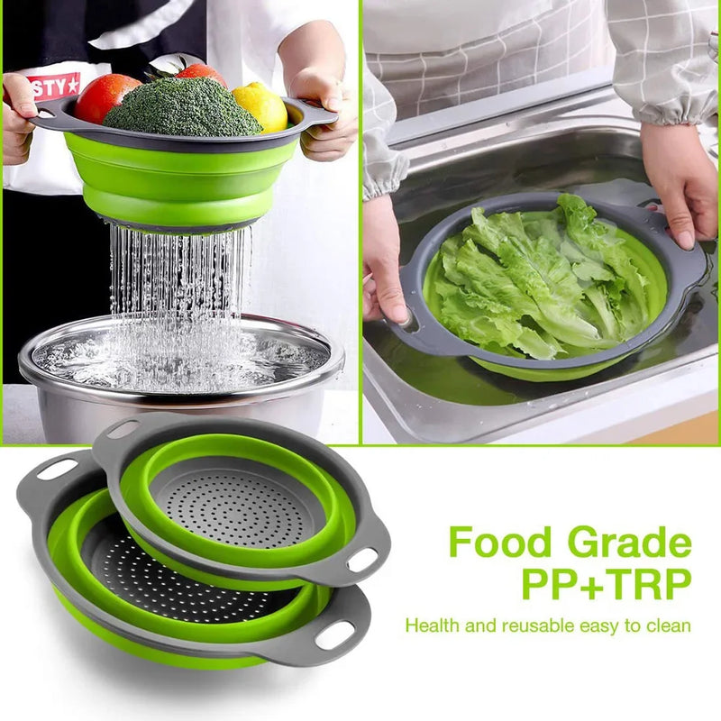 Silicone Round Folding Vegetable Fruits Washing Drain Basket Collapsible Colander Strainer Basket Kitchen Gadgets