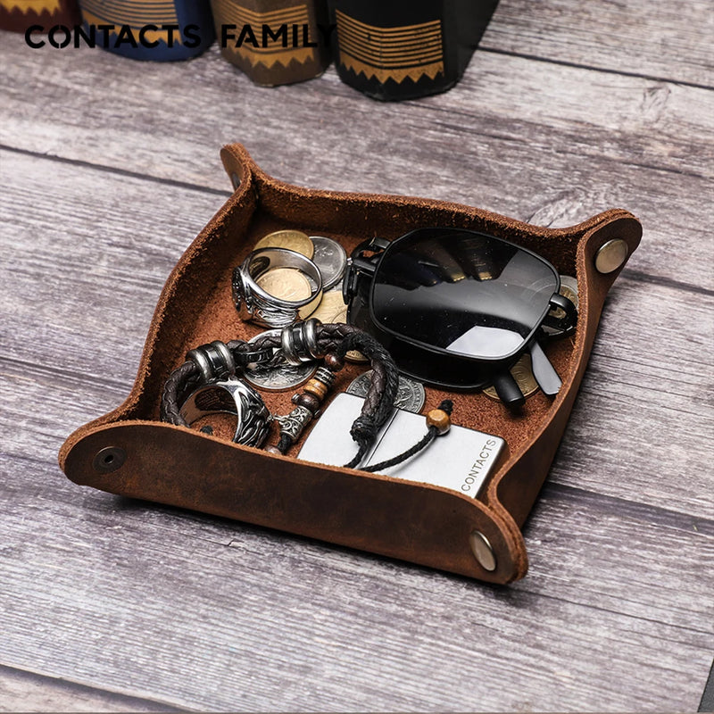 Creative Genuine Leather Valet Snap Tray Home Ofiice Desk Organizer Jewelry Pen Key Coin Desktop Storage Tray Folding Storage