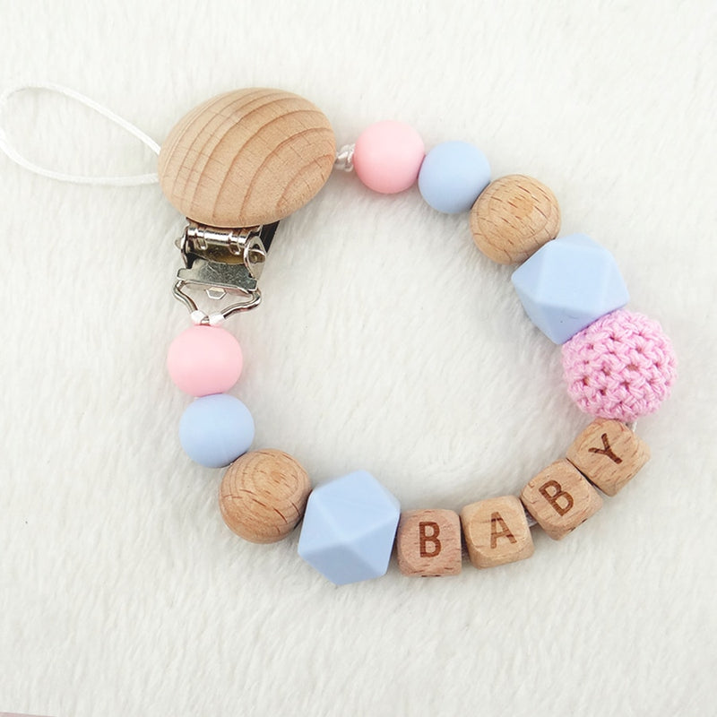 Handmade Free Personalized Name Silicone Wood Pacifier Clips Safe Teething Chain Baby Teether Eco-friendly Dummy Clips Holder