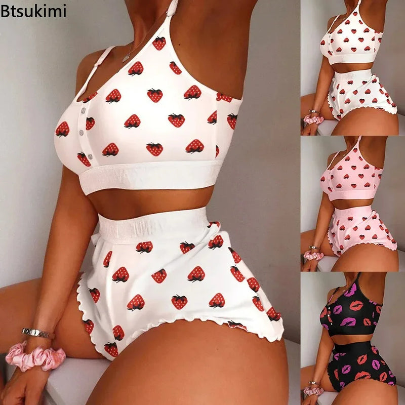 New Women's 2 Pieces Kawaii Strawberry Print Frill Hem Cami Pajama Set 2024 Femme Cute Crop Top & Shorts Suits Lady Sleepwear