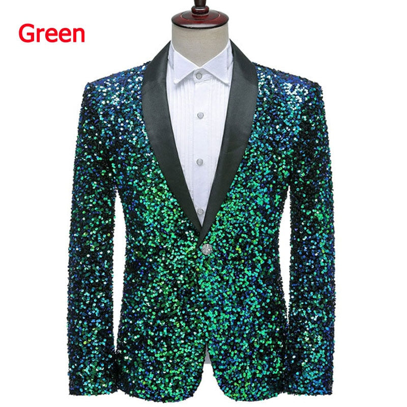 Colorful Glitter Sequin Tuxedo Blazer Men Luxury Brand Mens Shawl Collar Dress Suit Jacket Wedding Party Stage Blazer Costume