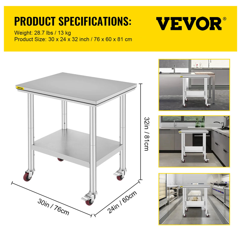 SucceBuy Stainless Steel Kitchen Worktable shelves Commercial Work Bench Table with Caster Wheels for Home Restaurant Storage