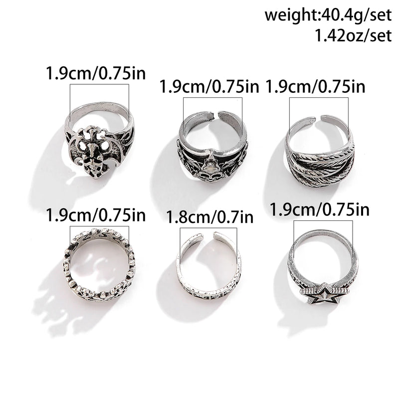 KunJoe 6pcs/set Halloween Jewelry Gothic Metal Skull Head Five Point Star Ring for Men Punk Silver Color Rings Party Gift