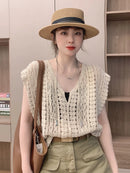 Cotton Crochet Tops Sexy Knitted Hollow Out Sleeveless T-Shirts Loose Female Women Clothing 2023 Summer New Vintage Tees Femme