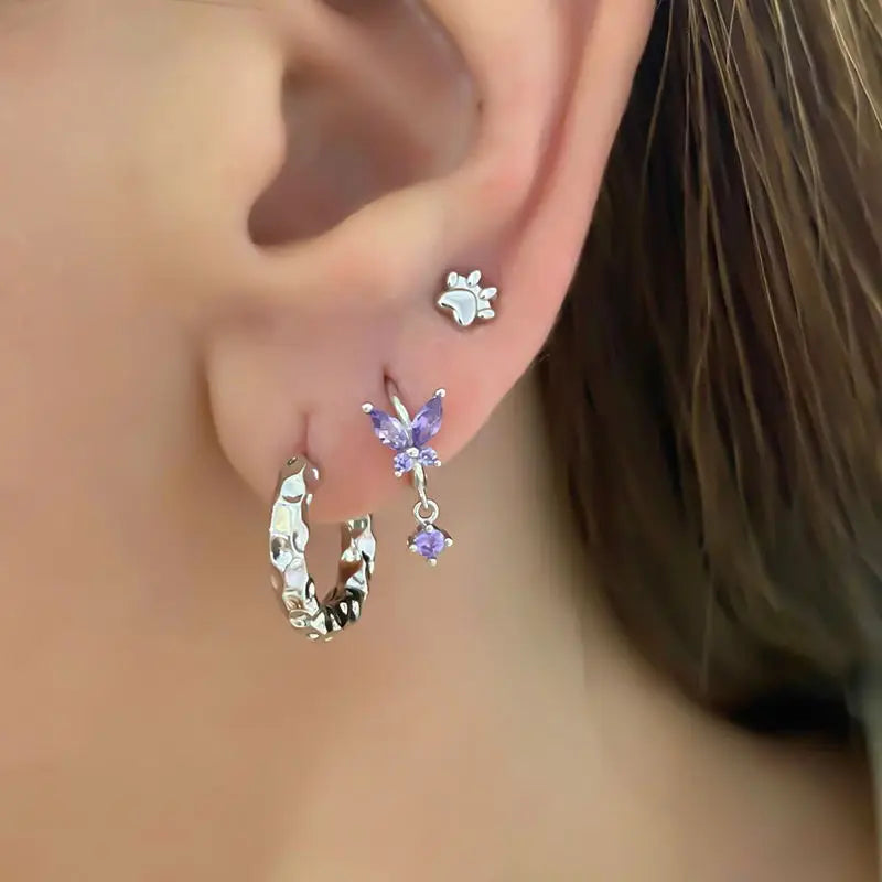 925 Sterling Silver Needle Luxury Purple Crystal Heart Stud Earrings for Women Geometry Cross Pendant Earrings Fashion Jewelry