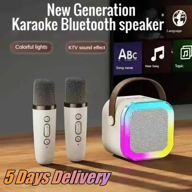 K12 Bluetooth portable karaoke speaker system with 1-2 wireless microphones, suitable for home corner
