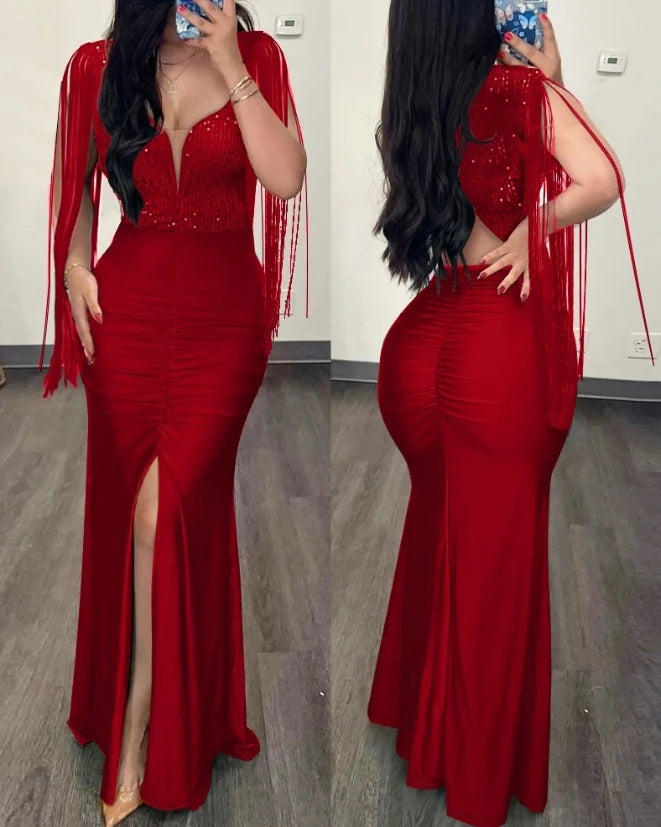 Woman Sexy High Waist Evening Dresses Fashion Women's Clothes Rhinestone Cold Shoulder Slit Ruched Elegant Party Dress for Women