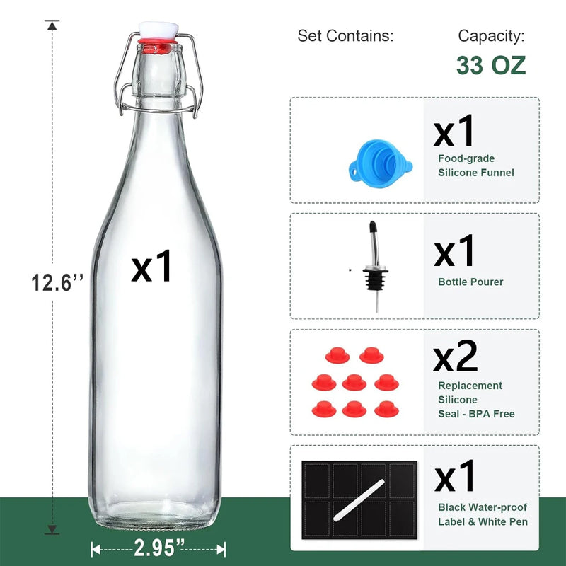 1L Swing Top Glass Bottles Airtight Stopper Lids Flip Top Brewing Bottle for Fermentation, Kombucha, Mead, Vinegar, Beer, Kefir