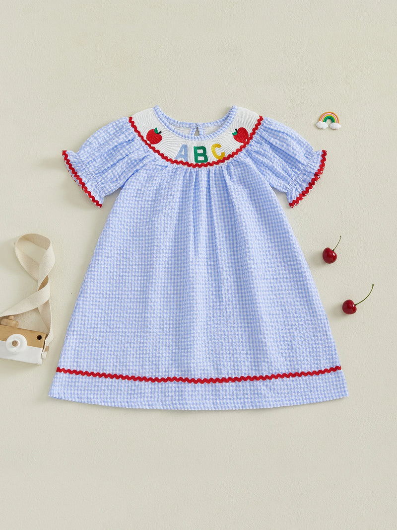 Girls Short Sleeve Plaid Embroidery Dress with Crew Neck Perfect Back-to-School Outfit for Summer Wear