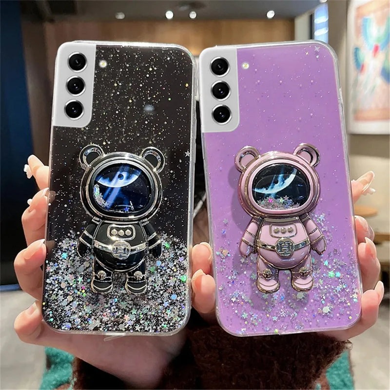 Astronaut Quicksand Stand Case For Samsung Galaxy S24 S23 S22 S21 Ultra S20 FE Note 20 10 Plus Glitter Transparent Starry Cover