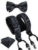 DiBanGu Mens Adjustable Silk Suspenders Bow Tie Cufflinks Pocket Square Set Metal Clips Y back Elastic Braces Wide Strap 3.5CM