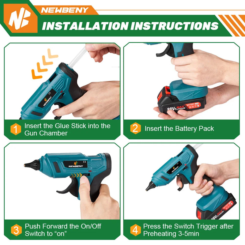 NEWBENY 100W 280°C Cordless Hot Melt Glue Gun Portable Rechargeable with Glue Sticks DIY Repair Tool For Makita 18V Battery Pin