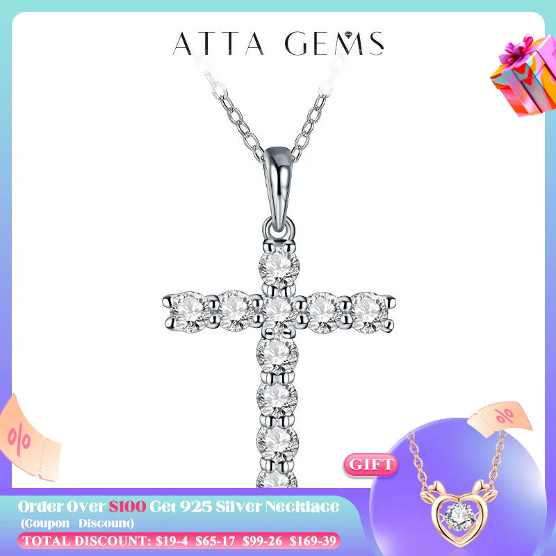 Attagems Handmade Cross Pendant Moissanite Solid Sterling 925 Silver Necklace For Women Luxury Jewelry for Engagement Christmas